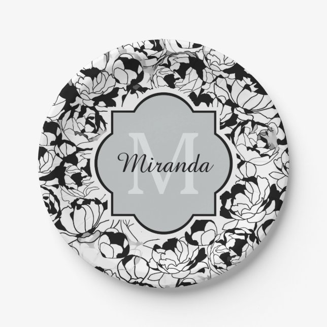 Modern Black White Floral Girly Monogram With Name Paper Plates (Front)