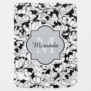 Modern Black White Floral Girly Monogram With Name Receiving Blanket