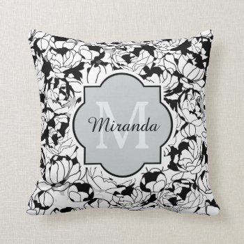 Modern Black White Floral Girly Monogram With Name Throw Pillow by ohsogirly at Zazzle