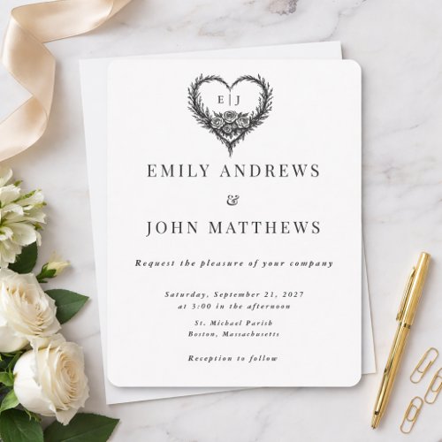 Modern Black White Floral Heart Minimal Wedding Invitation