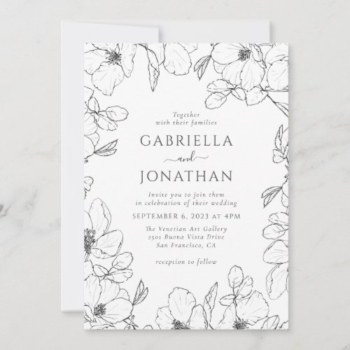 Modern Black White Floral Line Art Wedding Invitation