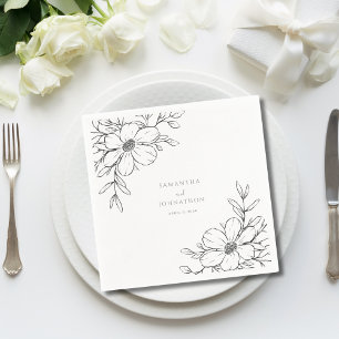 Modern Black White Floral Line Drawing Wedding  Napkins
