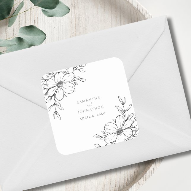 Modern Black White Floral Line Drawing Wedding  Square Sticker (Creator Uploaded)
