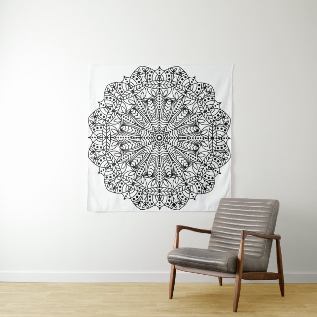 Modern Black & White Floral Mandala Tapestry (In Situ)