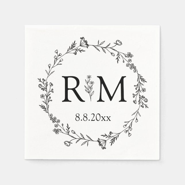 modern black & white floral monogram wedding  napkins (Front)