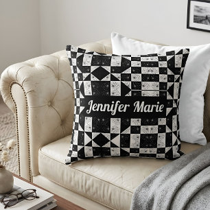 Modern Black & White Floral Pattern Custom Name Throw Pillow