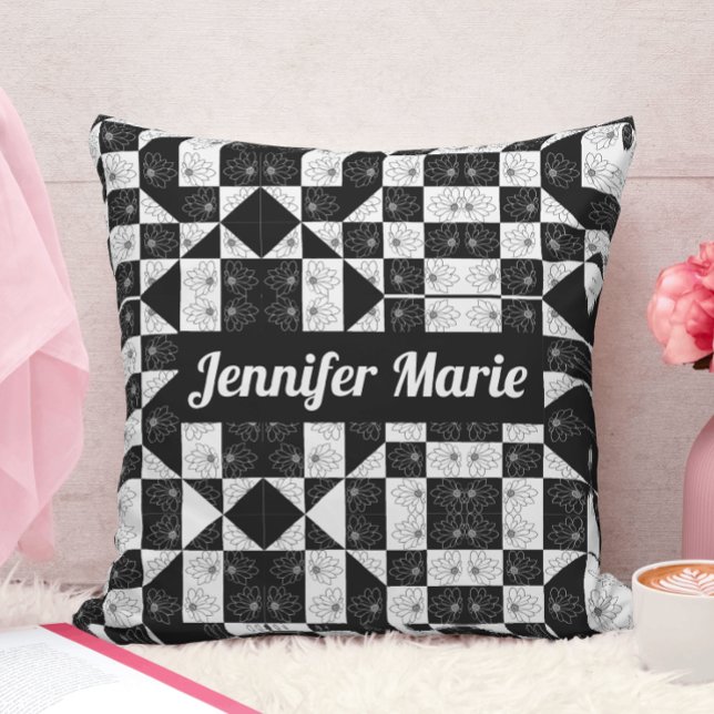 Modern Black & White Floral Pattern Custom Name Throw Pillow (Creator Uploaded)