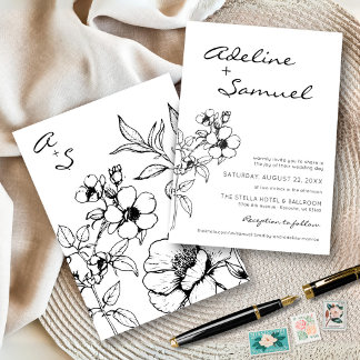Modern Black & White Floral Simple Elegant Wedding Invitation