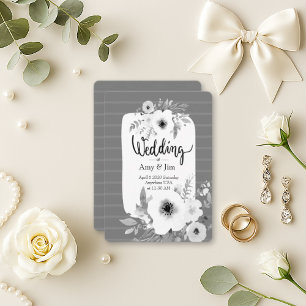Modern Black White Floral Stripe Wedding  Invitation