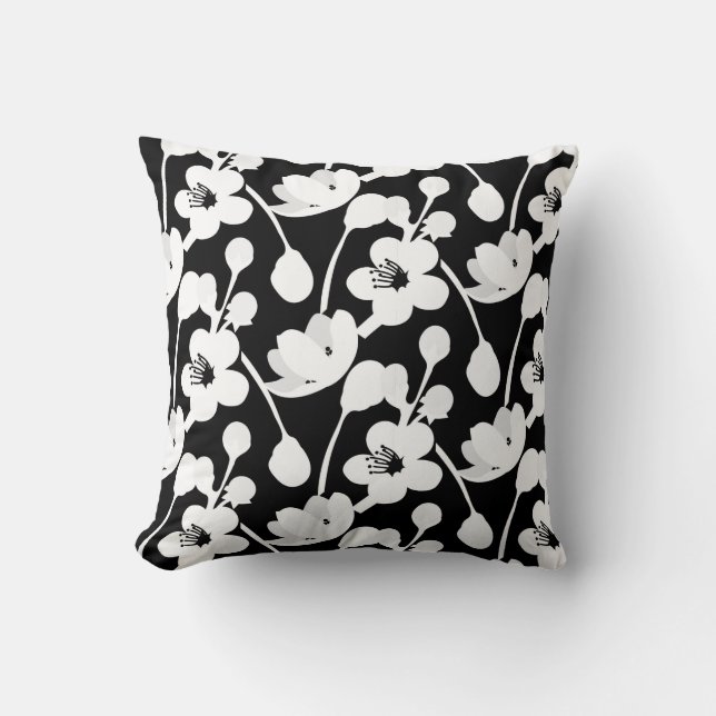 Modern Black White Floral Throw Pillow (Front)