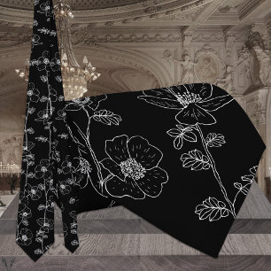 Modern Black & White Floral Vine Wedding Neck Tie
