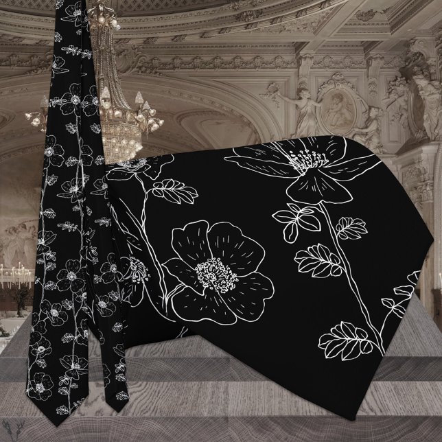Modern Black & White Floral Vine Wedding Neck Tie (Creator Uploaded)