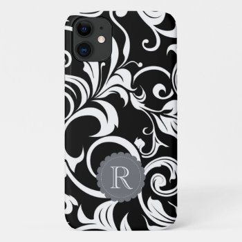 Modern Black White Floral Wallpaper Swirl Monogram Iphone 11 Case by its_sparkle_motion at Zazzle