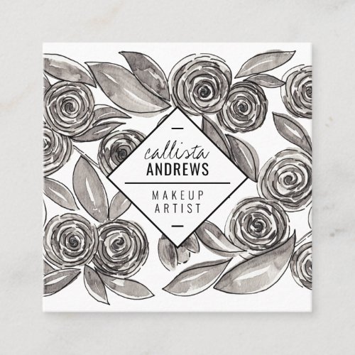 Modern Black White Floral Watercolor Makeup Square Business Card