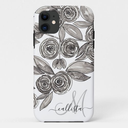 Modern Black White Floral Watercolor Monogram iPhone 11 Case