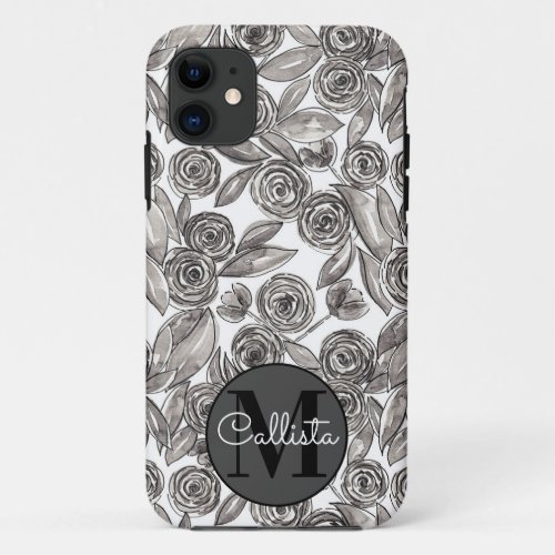 Modern Black White Floral Watercolor Monogram iPhone 11 Case