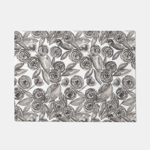 Modern Black White Floral Watercolor Monogram Doormat