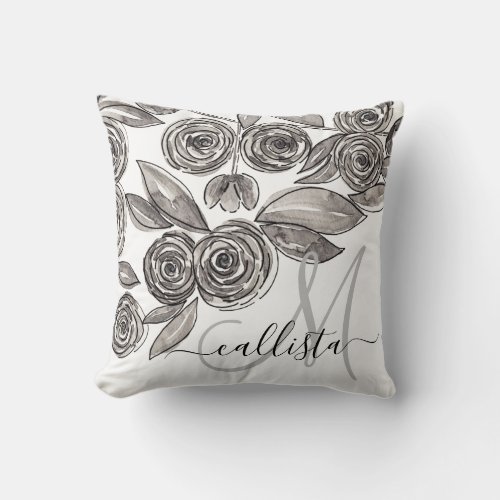 Modern Black White Floral Watercolor Monogram Throw Pillow