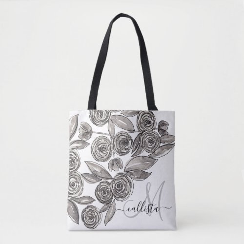 Modern Black White Floral Watercolor Monogram Tote Bag