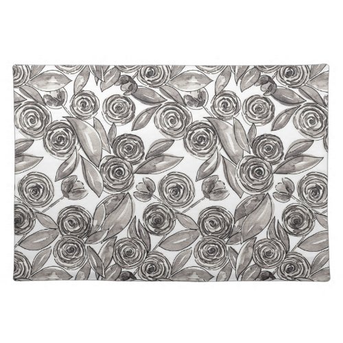 Modern Black White Floral Watercolor Pattern Cloth Placemat