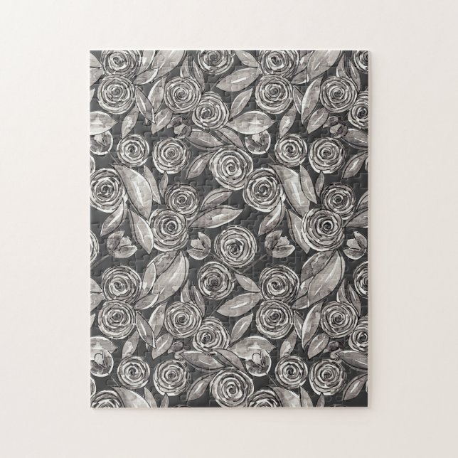 Modern Black White Floral Watercolor Pattern Jigsaw Puzzle (Vertical)