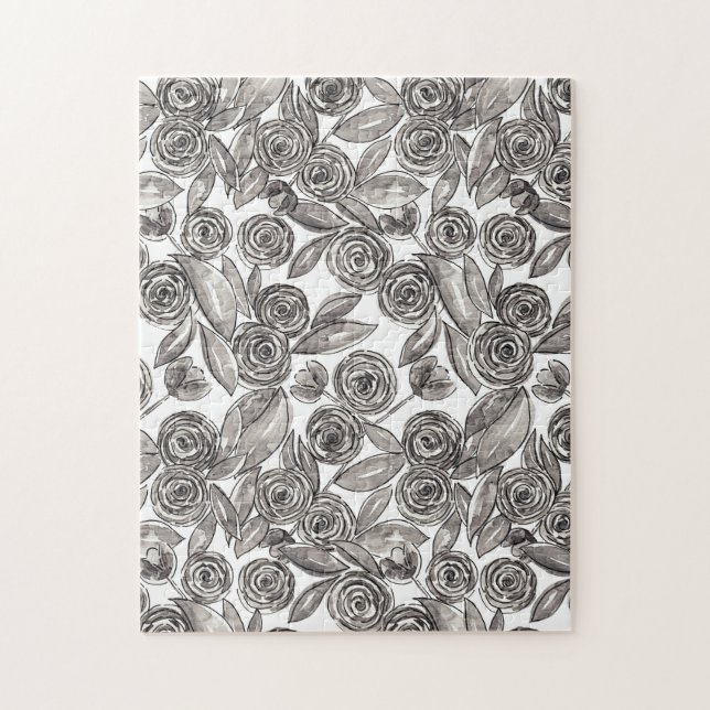 Modern Black White Floral Watercolor Pattern Jigsaw Puzzle (Vertical)