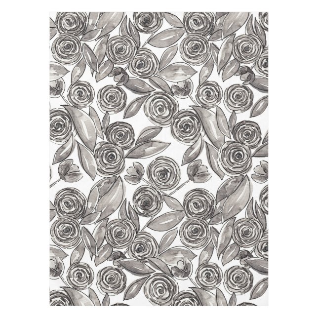 Modern Black White Floral Watercolor Pattern Tablecloth (Front)
