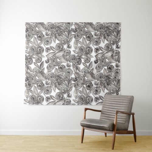 Modern Black White Floral Watercolor Pattern Tapestry