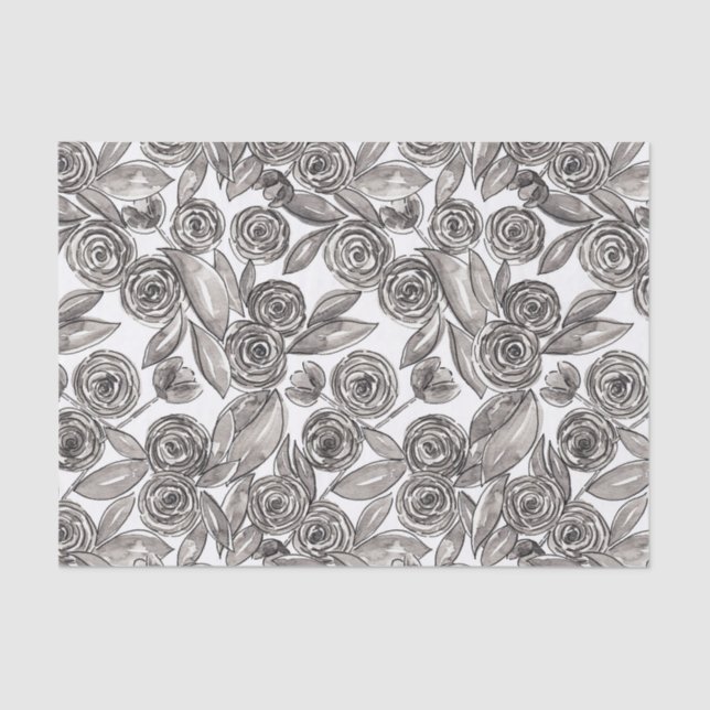 Modern Black White Floral Watercolor Pattern Tissue Paper (Front)