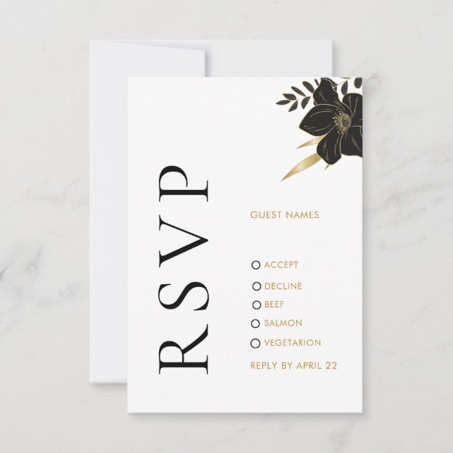 Modern Black White, Floral Wedding RSVP Photo Card (Front)