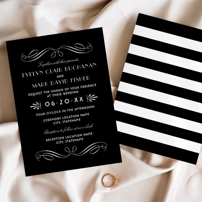 Modern Black White Flourish Stripe Wedding Invitation (Creator Uploaded)