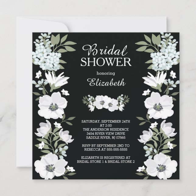 Modern Black White Flower Bridal Shower Invitation (Front)