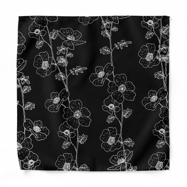 Modern Black White Flower Wedding Pocket Square Bandana (Front)