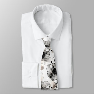Modern Black White Flowers Alcohol Ink Neck Tie