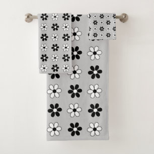 Modern Black & White Flowers on Light Silver Gray Bath Towel Set
