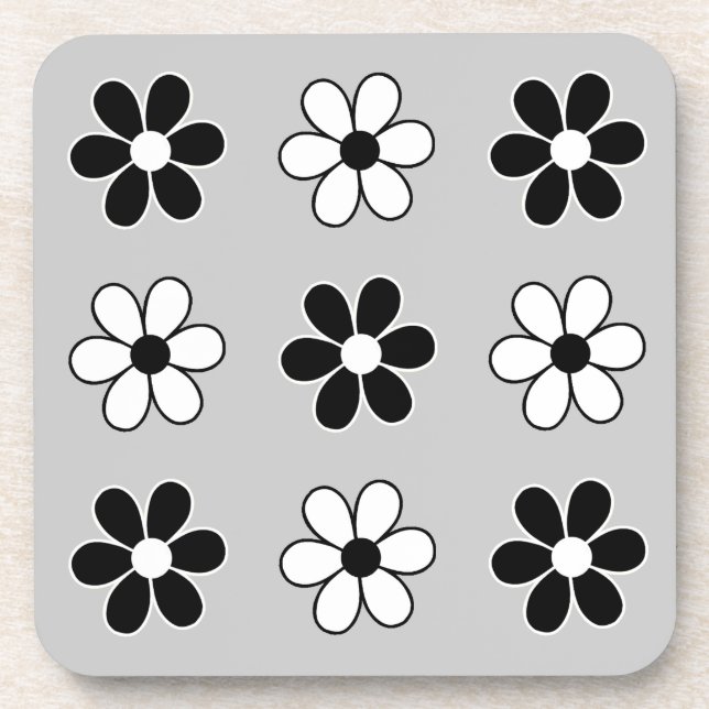 Modern Black & White Flowers on Light Silver Gray Beverage Coaster (Front)