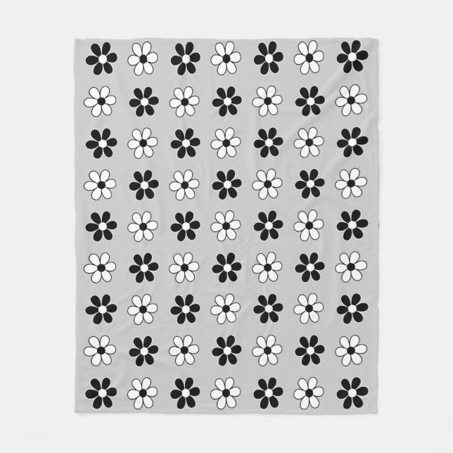 Modern Black & White Flowers on Light Silver Gray Fleece Blanket (Front)