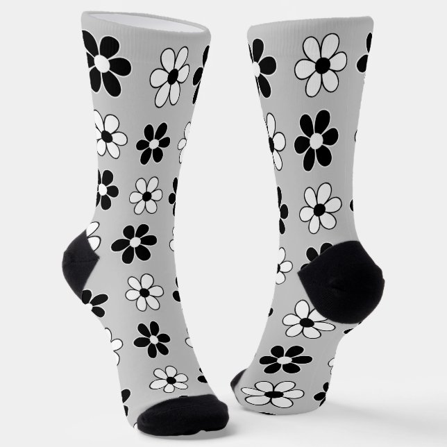 Modern Black & White Flowers on Light Silver Gray Socks (Angled)