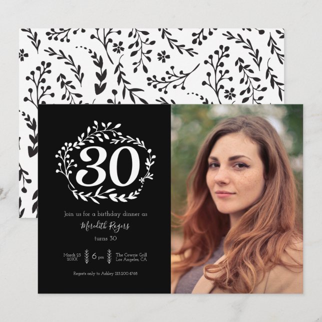Modern Black & White Foliage Pattern 30th Birthday Invitation (Front/Back)