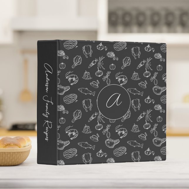 Modern Black & White Food Themed Monogram Recipe  3 Ring Binder (Creator Uploaded)