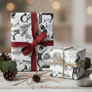Modern Black & White Forest Animals Wrapping Paper