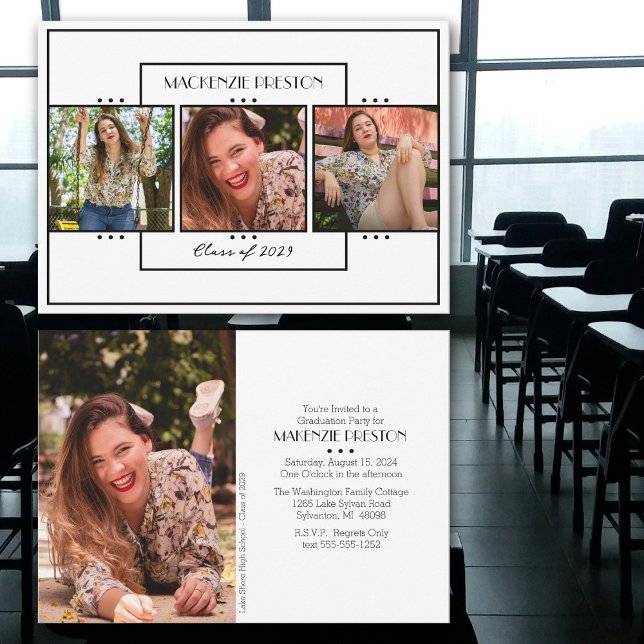 Modern Black White Four Photo Grad Party Invitation (Pretty black and white modern grad party invitation.  Personalized with four photos.)