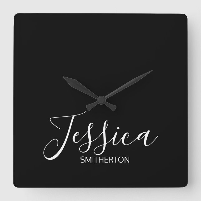 Modern Black White Full Name Elegant Minimal  Square Wall Clock (Front)
