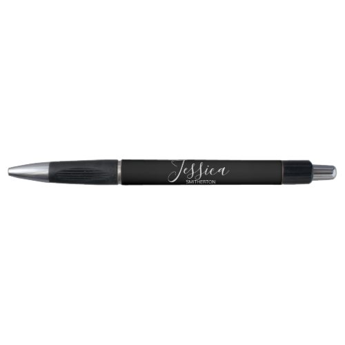 Modern Black White Full Name Elegant Script Pen