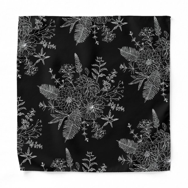 Modern Black & White Garden Flowers Pocket Square Bandana (Front)