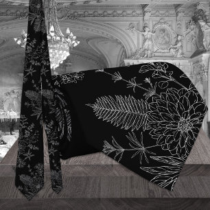 Modern Black & White Garden Flowers Wedding Neck Tie