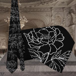 Modern Black & White Garden Peony Wedding Neck Tie<br><div class="desc">A modern white and black wedding neck tie featuring a solid black background with a white outline of a garden peony with leaves.</div>