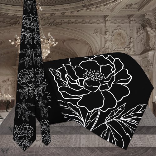 Modern Black  White Garden Peony Wedding Neck Tie