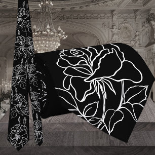 Modern Black & White Garden Roses Wedding Neck Tie