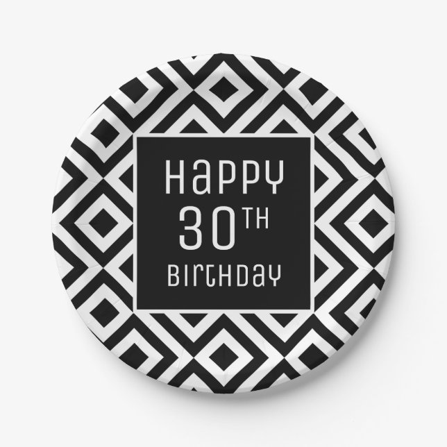 Modern Black White Geometric 30th Birthday Party Paper Plates (Front)